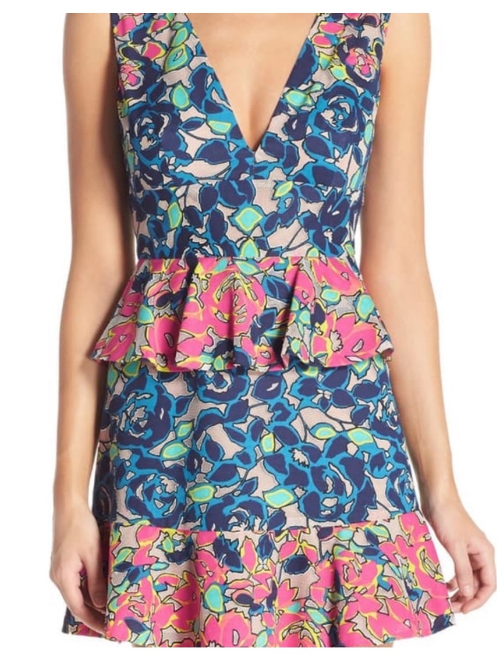BCBGMaxAzria Blue & Pink Floral V-Neck Peplum Mini Dress